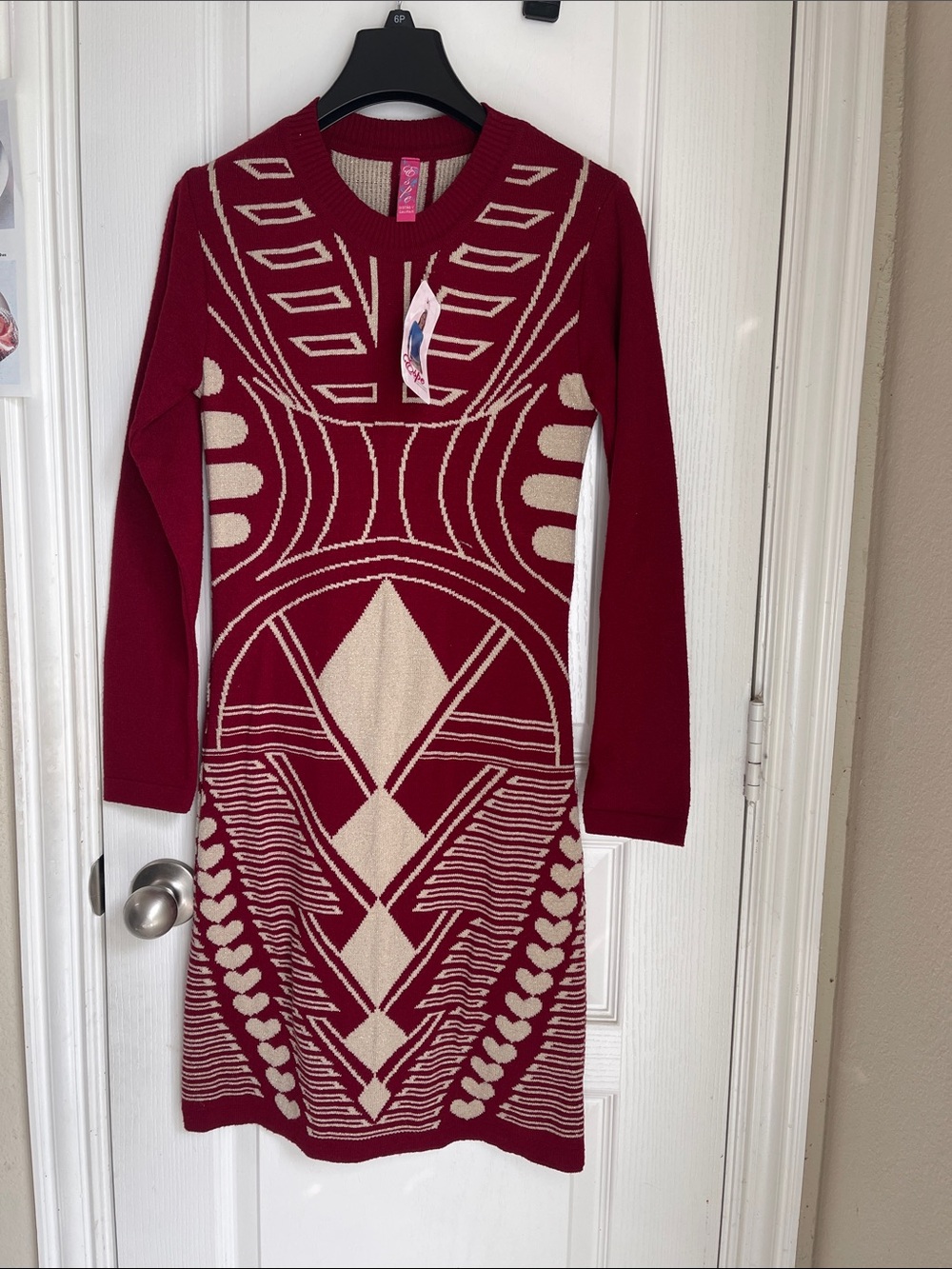 Burgundy & Cream Long-Sleeve Geometric Knit Dress